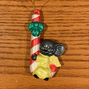 VINTAGE HANDMADE CERAMIC CHRISTMAS ORNAMENT, MOUSE HANGING ON A CANDY CANE